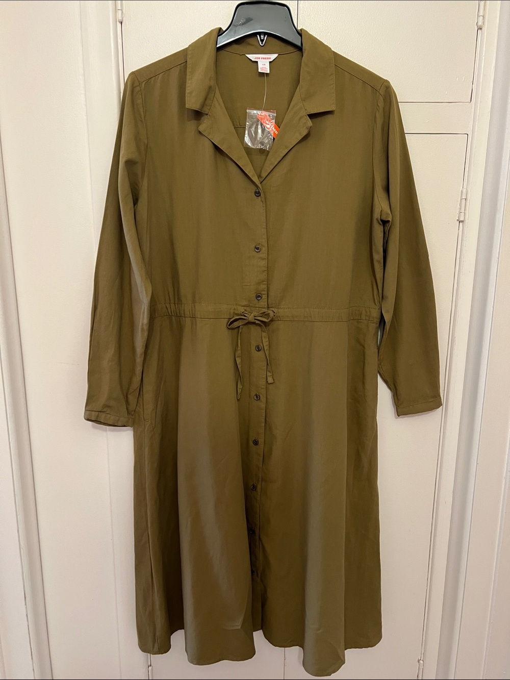 NWT Cotton Olive Green Button-Front Midi Shirt Dress